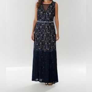 Enfocus Navy Blue Lace‎ Maxi Dress Sz 14W Embellished Waist Formal/Wedding Gown